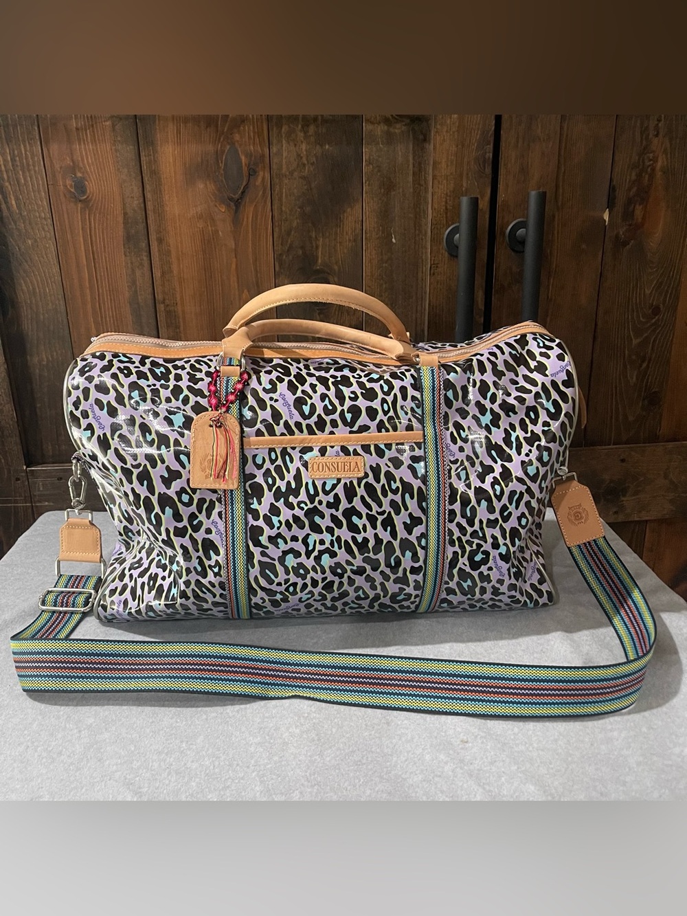 Consuela Dee Weekender Lavender Leopard Sparkle Large Duffle Bag Leather Handles